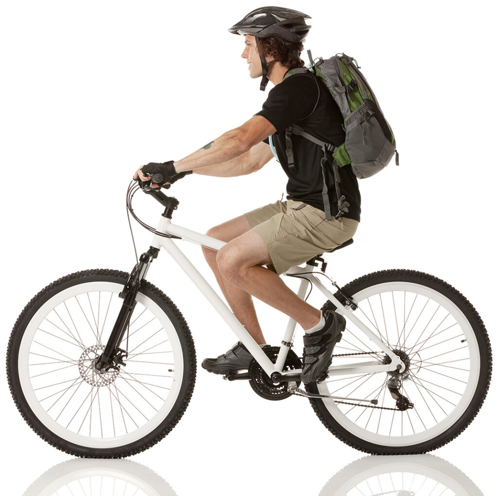 man on bicycle wearing helmet and backpack